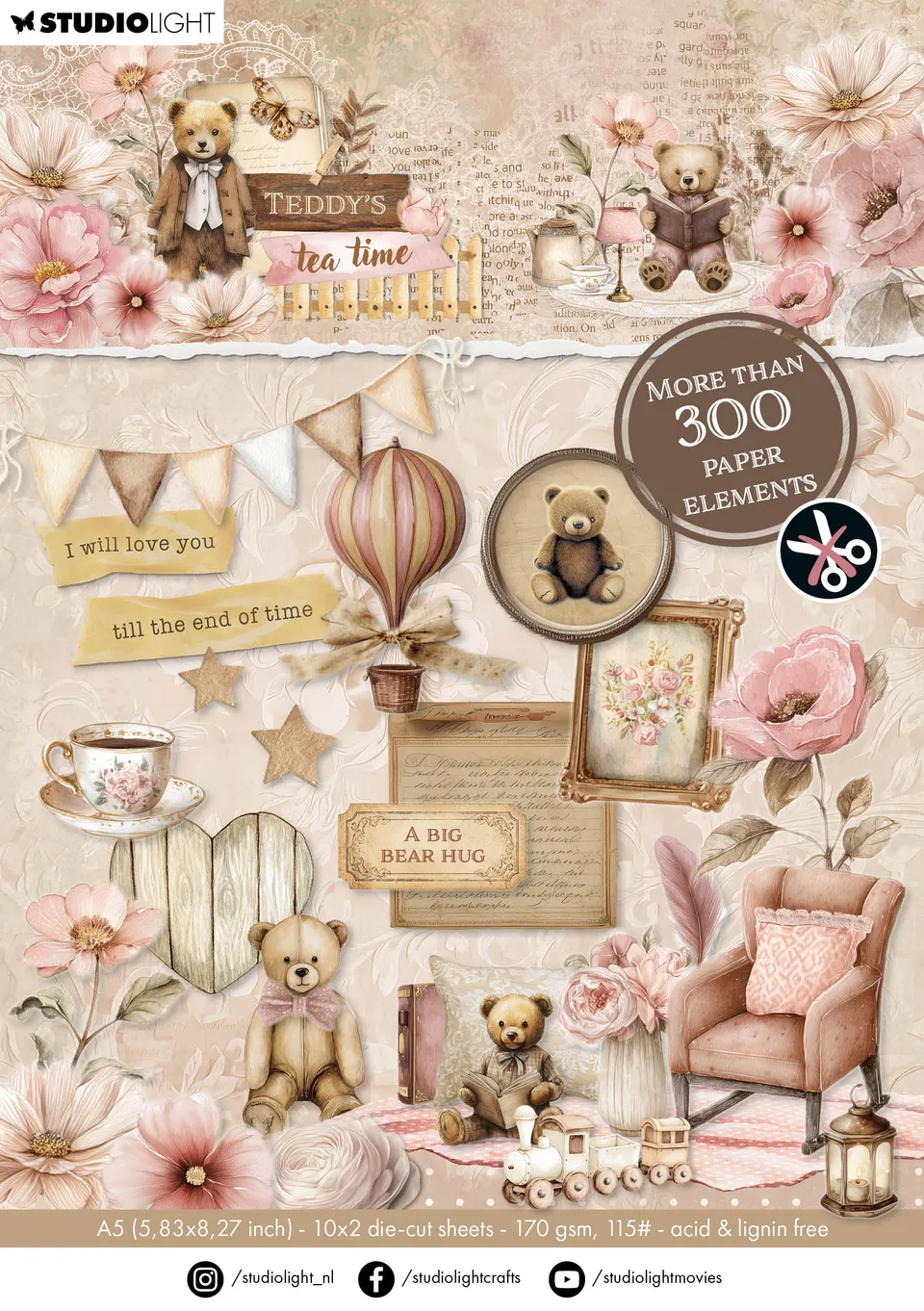 Studio Light Teddy's Tea Time die-cut-blokk 20 ark 300+ deler