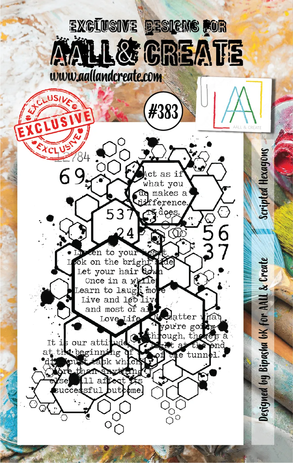 AALL & Create #383 Scripted Hexagons stempel A7 tekst