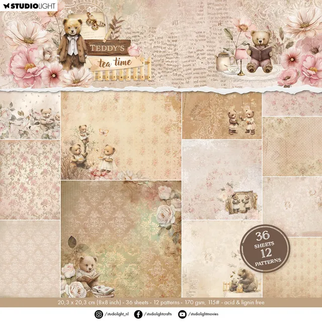Studio Light Teddy's Tea Time papirblokk 36 ark 12 mønster