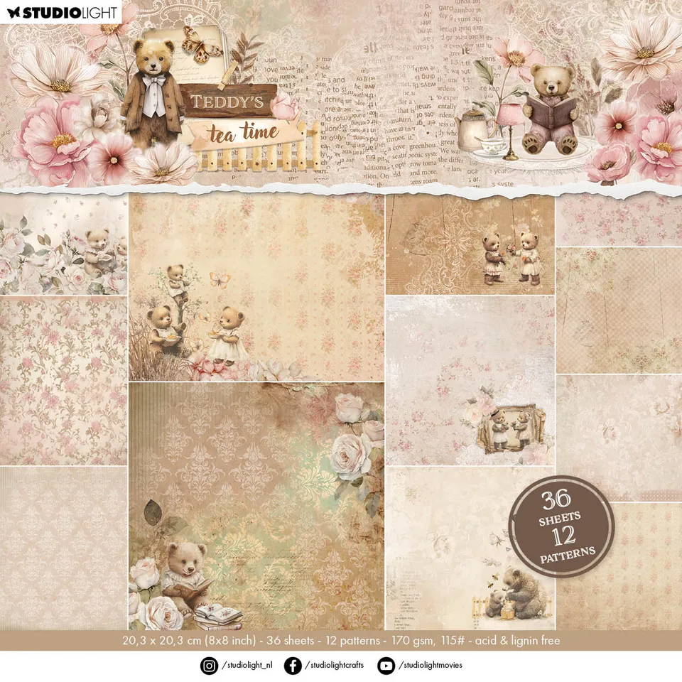 Studio Light Teddy's Tea Time papirblokk 36 ark 12 mønster