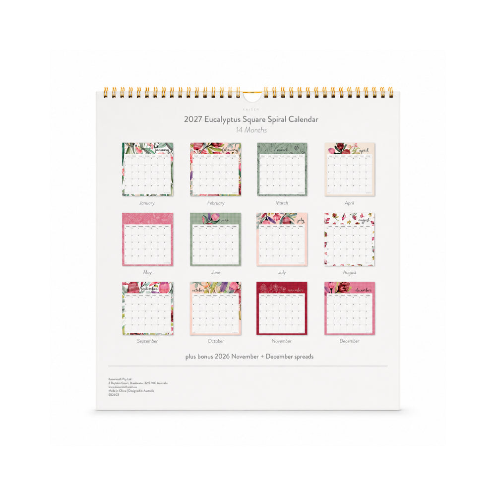 KaiserCraft 2027 Eucalyptus veggkalender spiral kvadratisk